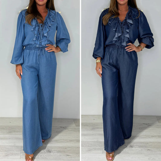 🎉🛍️Spring Specials💐Women's Tiered Long-Sleeve Tops ＆ Wide-Leg Pants Set
