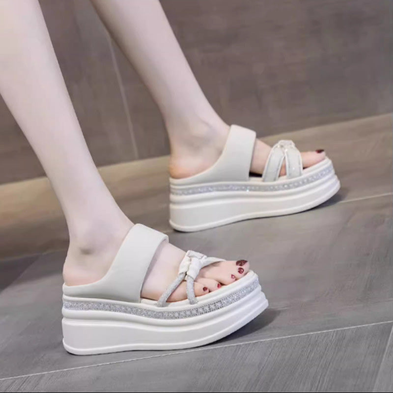 🌺Fashion Height Increase👡Women's Rhinestone Thick Platform Slip-On Sandals