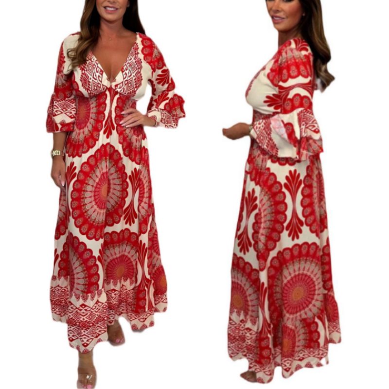 💖 2025 New Arrivals👗Women's Lucky Print Maxi Dress--Elasticated Waistband for Slimming