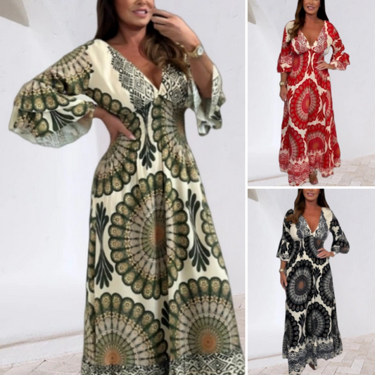 💖 2025 New Arrivals👗Women's Lucky Print Maxi Dress--Elasticated Waistband for Slimming