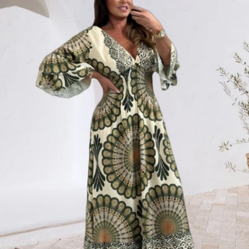 💖 2025 New Arrivals👗Women's Lucky Print Maxi Dress--Elasticated Waistband for Slimming