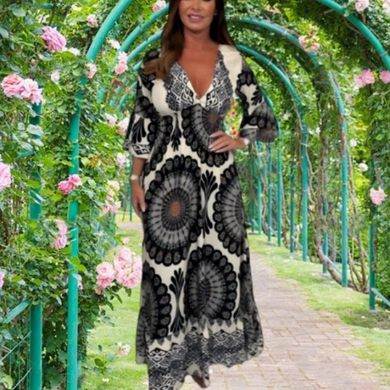 💖 2025 New Arrivals👗Women's Lucky Print Maxi Dress--Elasticated Waistband for Slimming