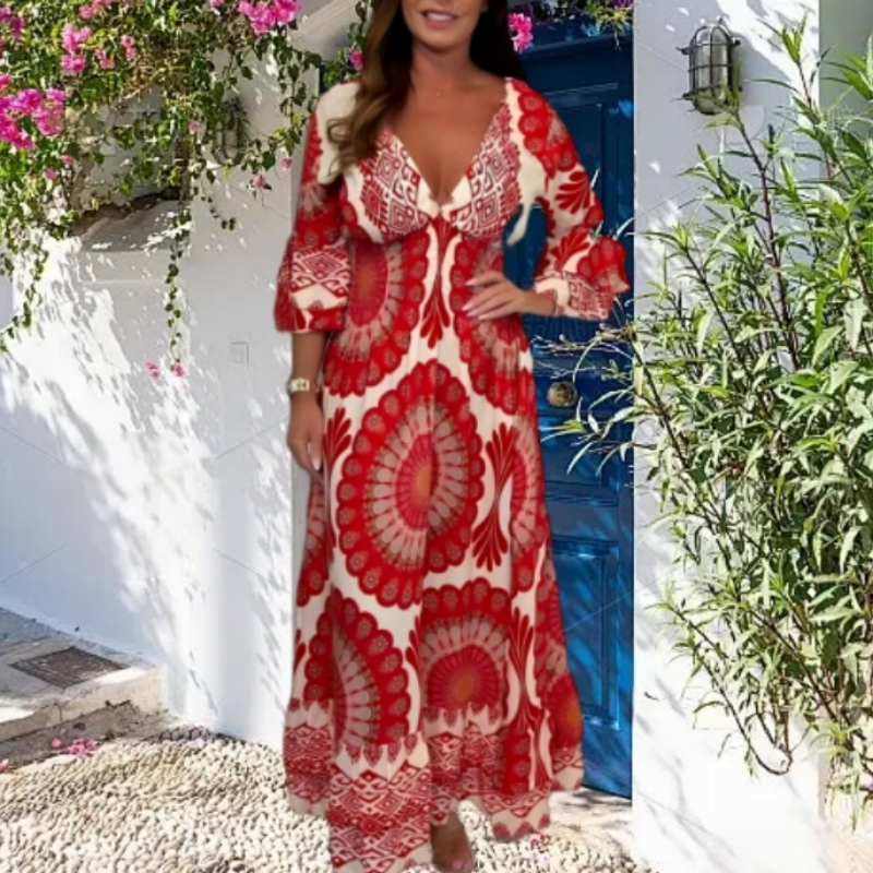 💖 2025 New Arrivals👗Women's Lucky Print Maxi Dress--Elasticated Waistband for Slimming