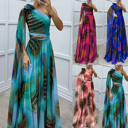 🌸Spring Specials💐Women's Fluttering Chiffon Printed Diagonal Shoulder Dresses