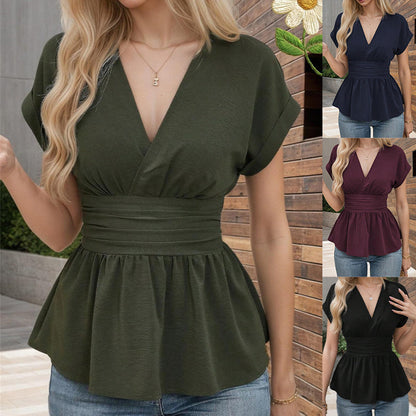 🔥2025 Summer New-🩷Women's V-neck Waist-slimming Solid Color Plunging Sleeve Skirt Pleated T-Shirt