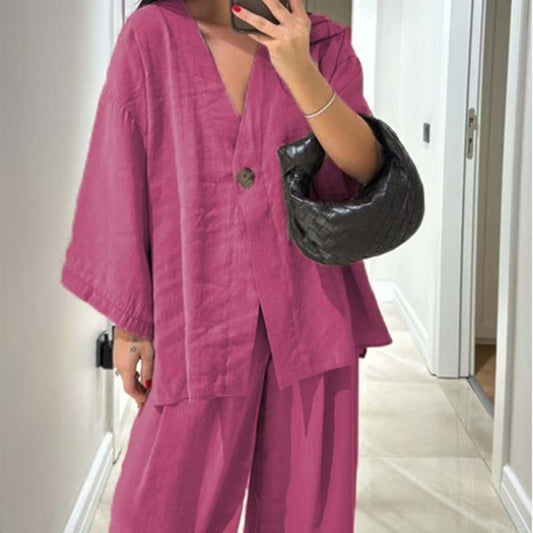 🛍️Fashionable sets at half price🎉Women's V-Neck Top & Wide-Leg Pants Solid Color 2-Piece Set