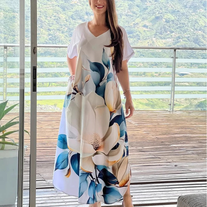 🎉Mother's Day Limited Time 50% OFF🥻Women's Loose Casual V-Neck Printed Short Sleeve Dresses
