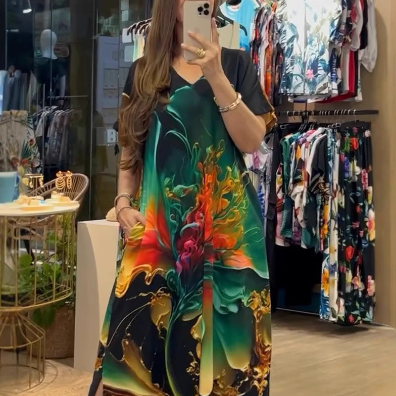 🎉Mother's Day Limited Time 50% OFF🥻Women's Loose Casual V-Neck Printed Short Sleeve Dresses