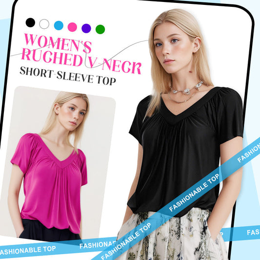 💖LAST DAY SALE 50% OFF💷Women's Ruched V-Neck Short-Sleeve Top
