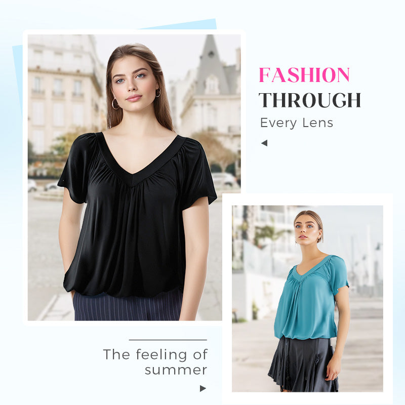 💖LAST DAY SALE 50% OFF💷Women's Ruched V-Neck Short-Sleeve Top