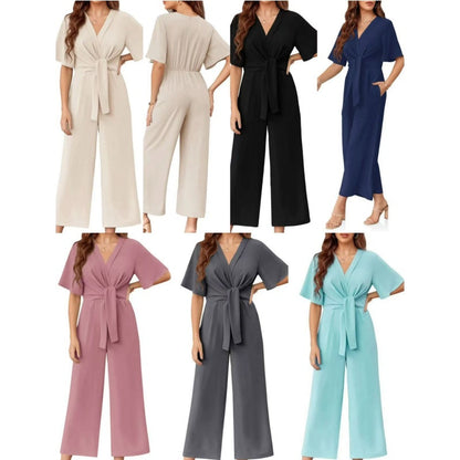 💖Women's Elegant V-Neck Wide Leg Waist Tie Jumpsuit