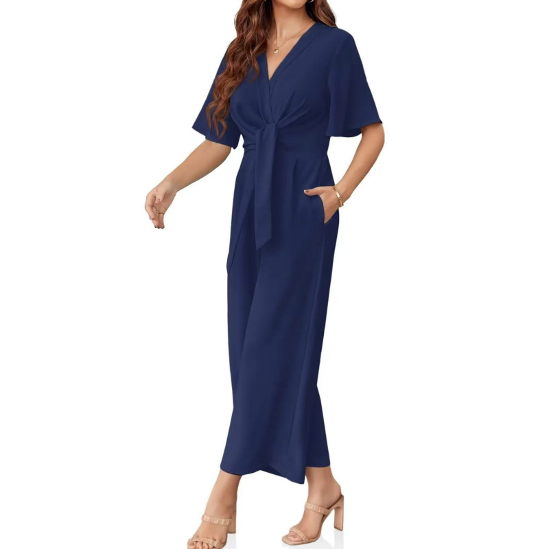 💖Women's Elegant V-Neck Wide Leg Waist Tie Jumpsuit