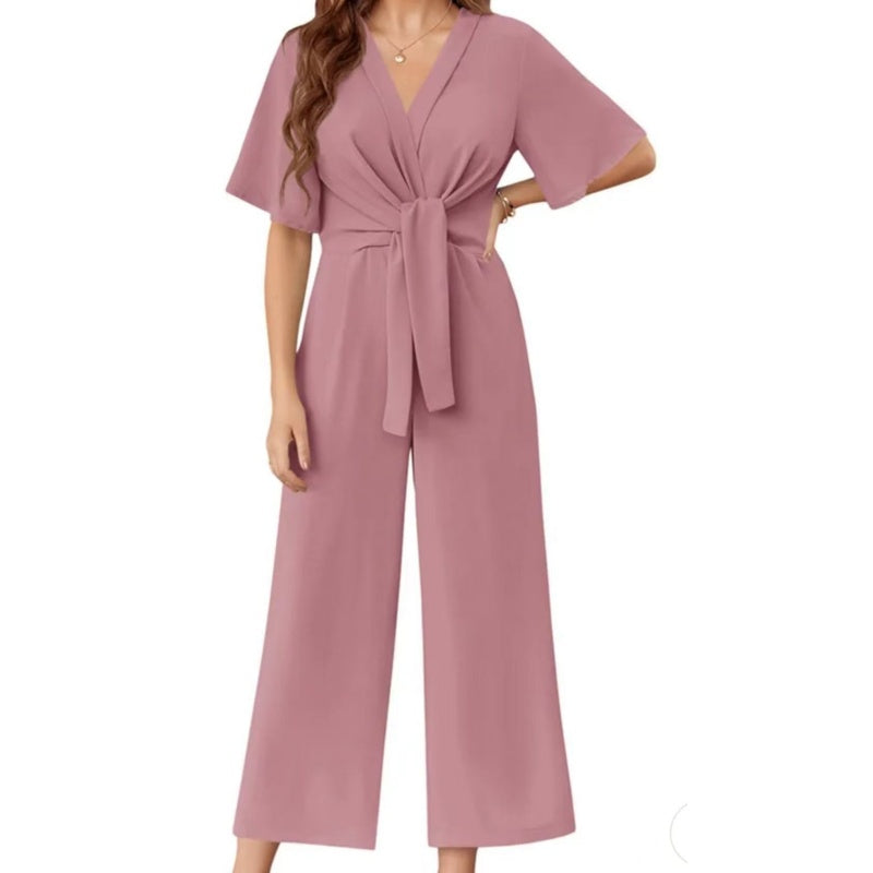 💖Women's Elegant V-Neck Wide Leg Waist Tie Jumpsuit