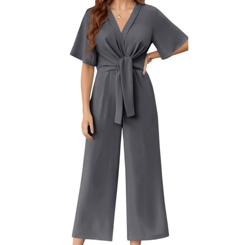 💖Women's Elegant V-Neck Wide Leg Waist Tie Jumpsuit