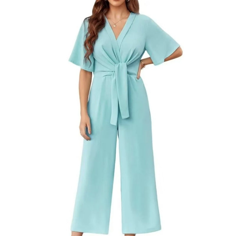 💖Women's Elegant V-Neck Wide Leg Waist Tie Jumpsuit