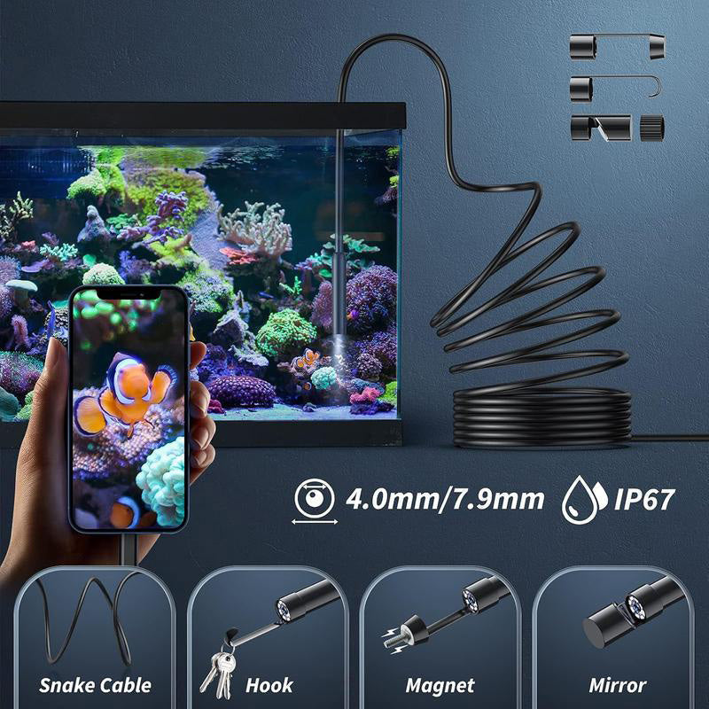 🥳 Waterproof HD Endoscope Camera – 200W HD, 8mm probe. Type-C/Micro/Lightning – plug & play with 99% phones. Ideal for tight spaces! 🔌✨