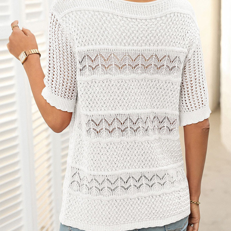 🎉🛍️Hot Sale 49% OFF💋Women's Round Neck Hollow Knit Crochet Short Sleeve Sweater
