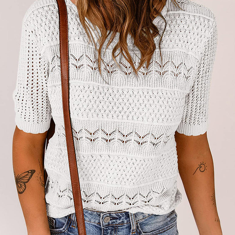 🎉🛍️Hot Sale 49% OFF💋Women's Round Neck Hollow Knit Crochet Short Sleeve Sweater