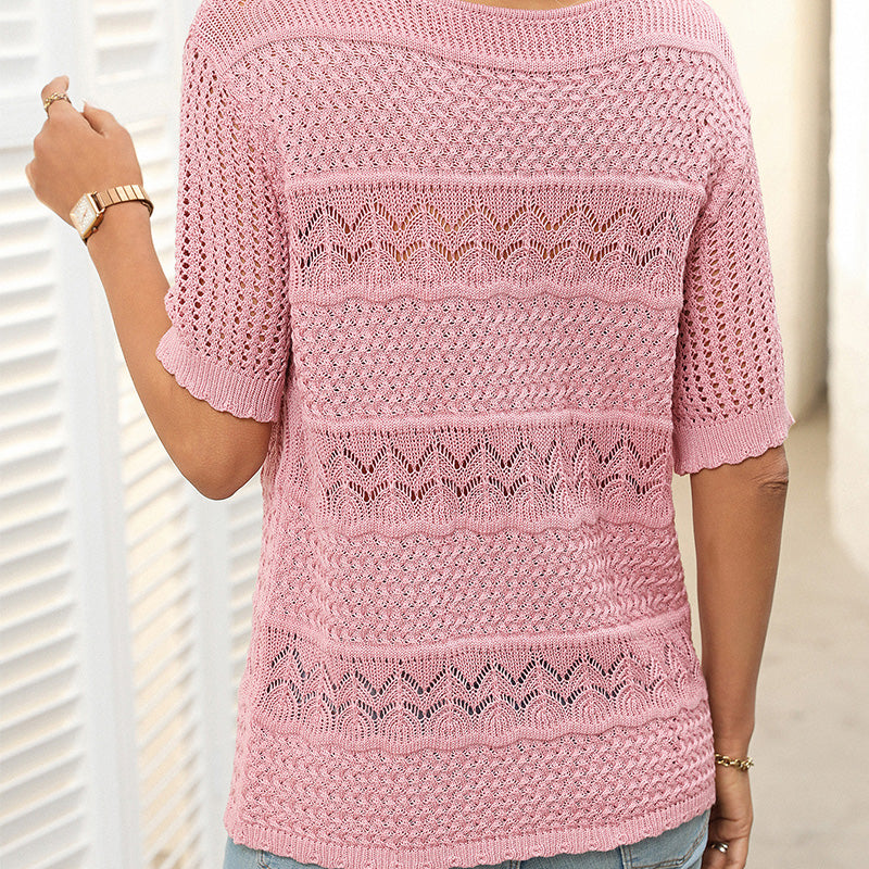 🎉🛍️Hot Sale 49% OFF💋Women's Round Neck Hollow Knit Crochet Short Sleeve Sweater