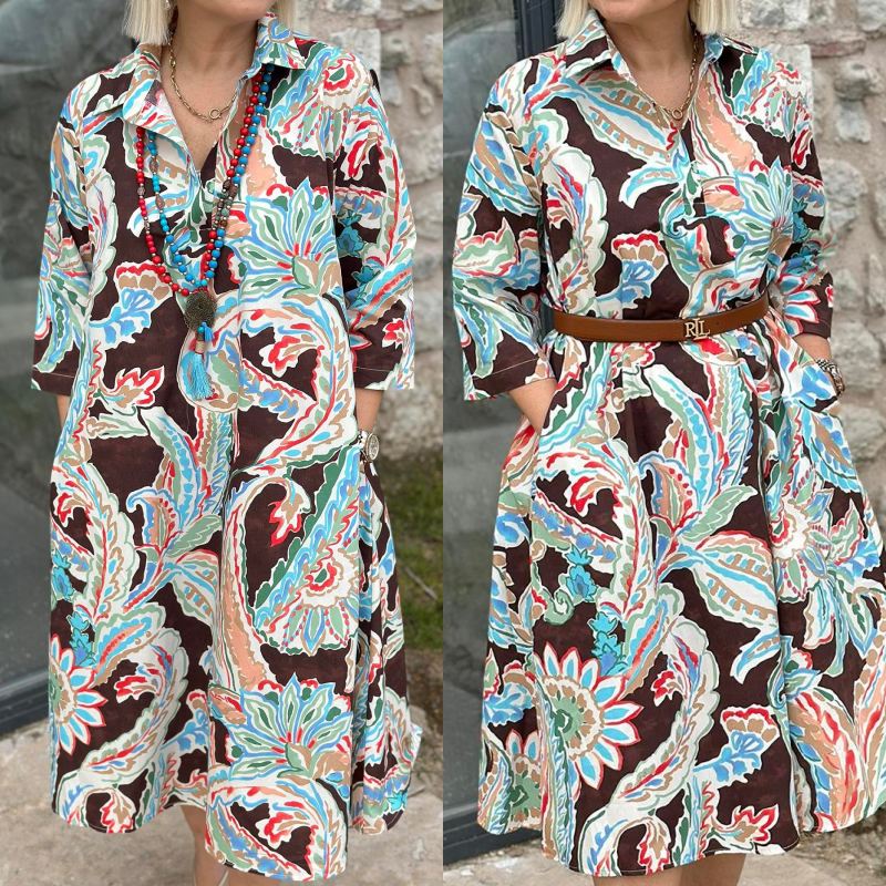 🔥50% OFF🔥Colourful dress with 3/4-length sleeves and vintage floral print and pockets