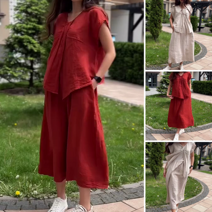 🎊2025 New product Limited-time sale🎊 Loose Solid Color V-Neck Dress with Pleated Front