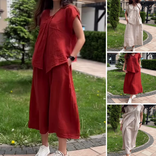 🎊2025 New product Limited-time sale🎊 Loose Solid Color V-Neck Dress with Pleated Front