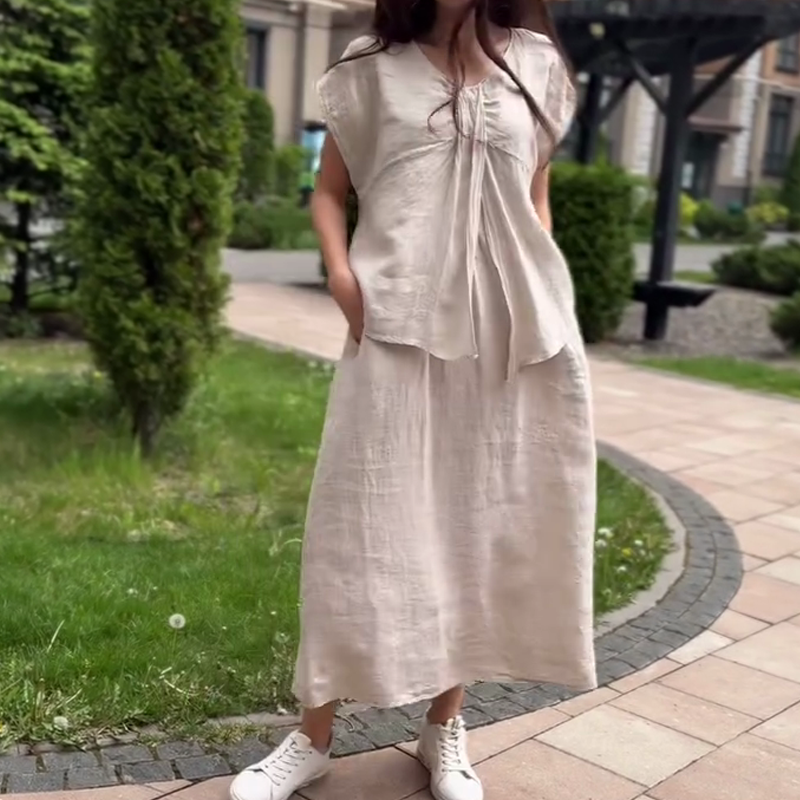 🎊2025 New product Limited-time sale🎊 Loose Solid Color V-Neck Dress with Pleated Front