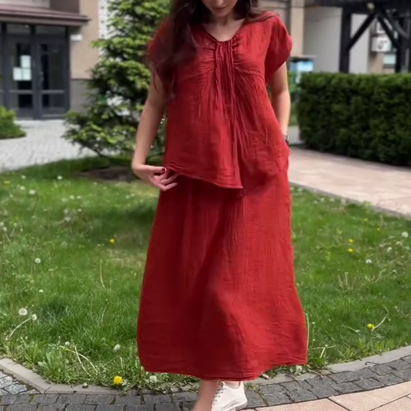 🎊2025 New product Limited-time sale🎊 Loose Solid Color V-Neck Dress with Pleated Front