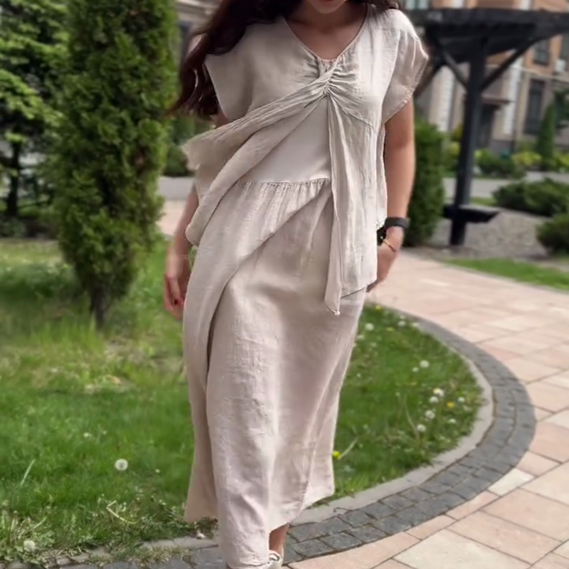 🎊2025 New product Limited-time sale🎊 Loose Solid Color V-Neck Dress with Pleated Front
