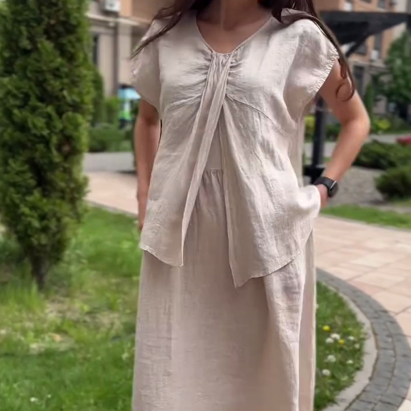 🎊2025 New product Limited-time sale🎊 Loose Solid Color V-Neck Dress with Pleated Front