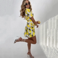 🍋New Summer Mood💛Women's Printed Lapel V-Neck Long Dress with Belt