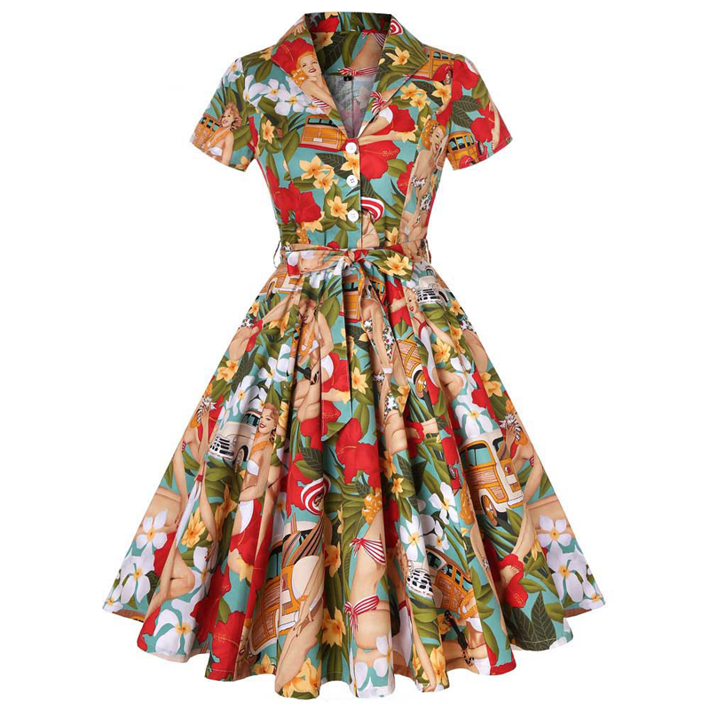 🍋New Summer Mood💛Women's Printed Lapel V-Neck Long Dress with Belt