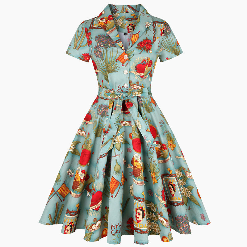 🌞New Summer Mood💛Women's Printed Lapel V-Neck Long Dress with Belt