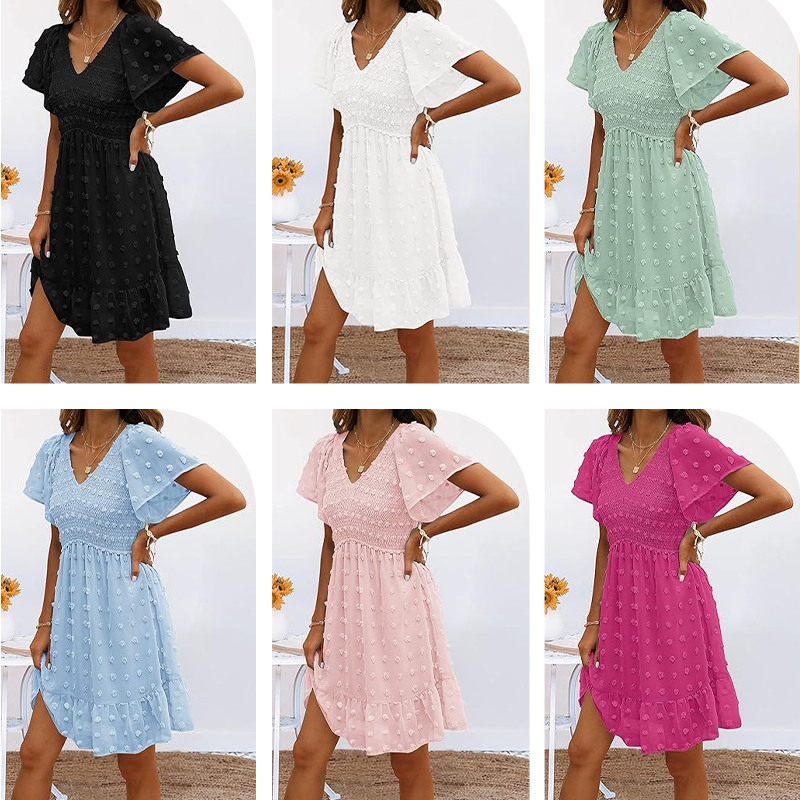 🎉🛍️Summer New Arrivals👗V-neck Slim Fit Short Sleeve Chiffon Dress