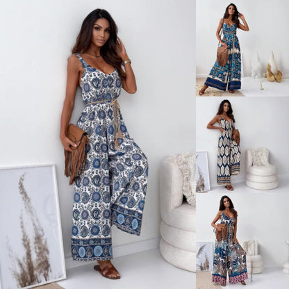 👗Women's Trendy Print Backless Jumpsuit with Tassel Belt - Chic & Stylish✨
