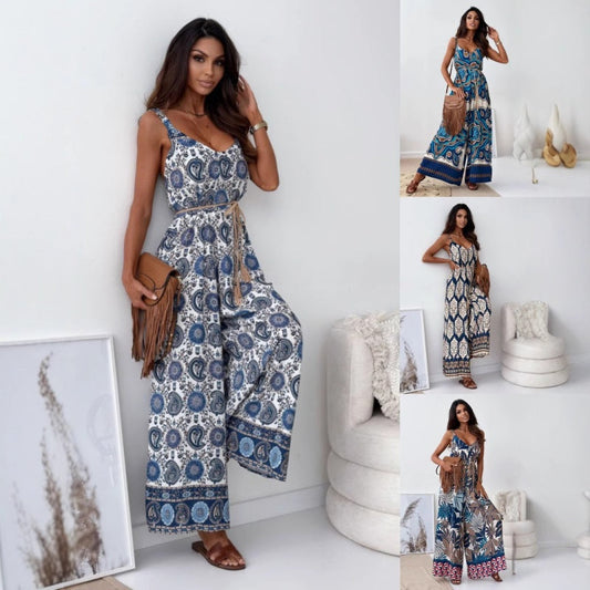 👗Women's Trendy Print Backless Jumpsuit with Tassel Belt - Chic & Stylish✨