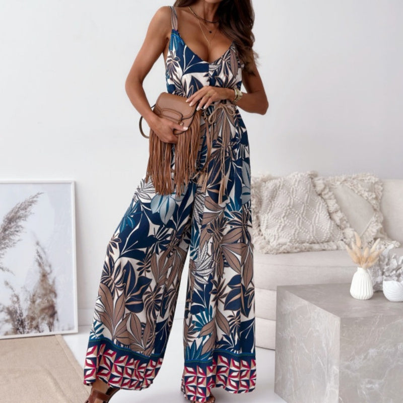 👗Women's Trendy Print Backless Jumpsuit with Tassel Belt - Chic & Stylish✨