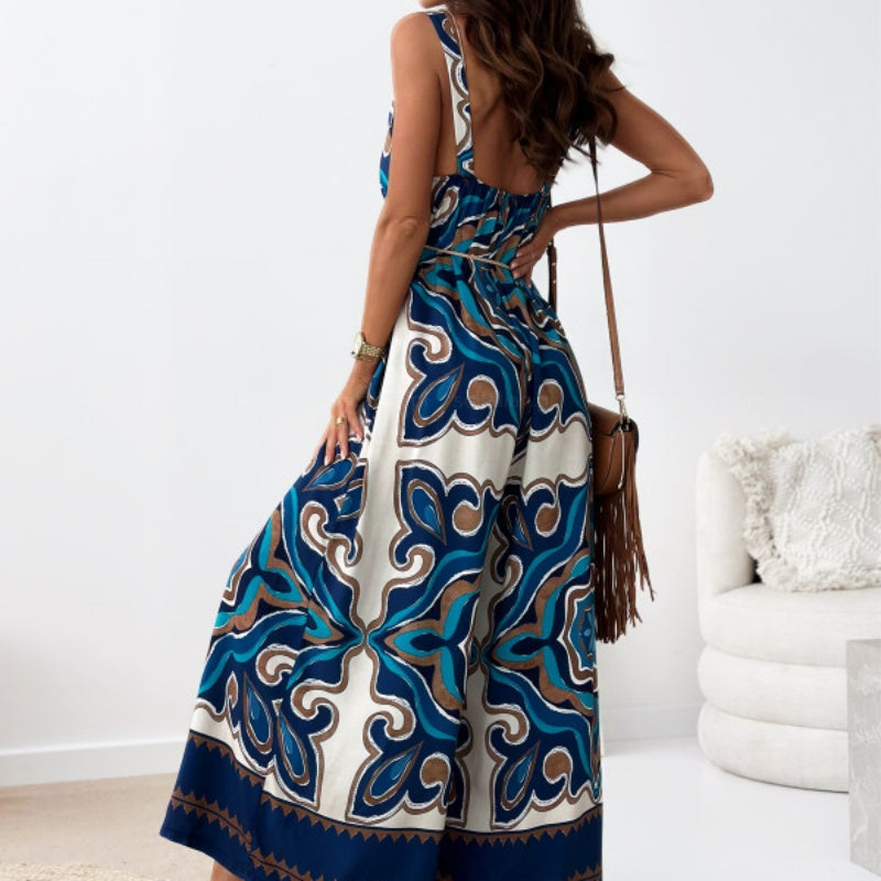 👗Women's Trendy Print Backless Jumpsuit with Tassel Belt - Chic & Stylish✨