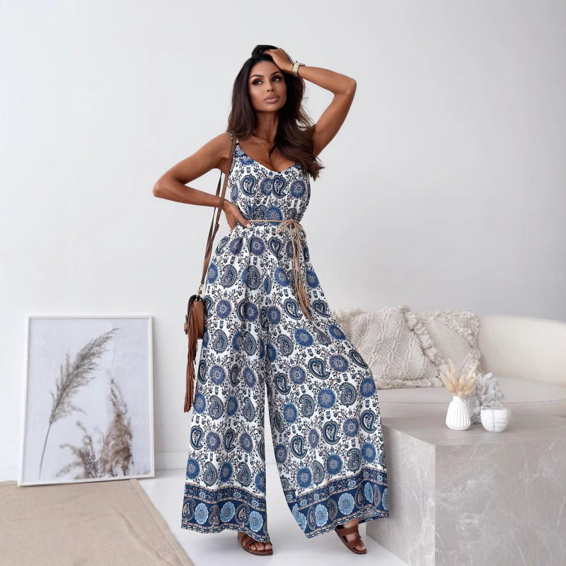 👗Women's Trendy Print Backless Jumpsuit with Tassel Belt - Chic & Stylish✨