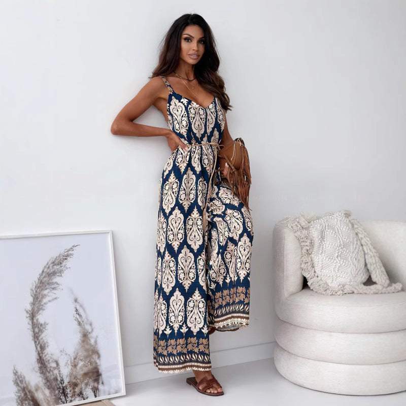 👗Women's Trendy Print Backless Jumpsuit with Tassel Belt - Chic & Stylish✨