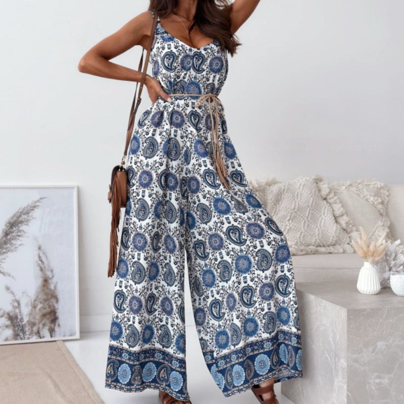 👗Women's Trendy Print Backless Jumpsuit with Tassel Belt - Chic & Stylish✨