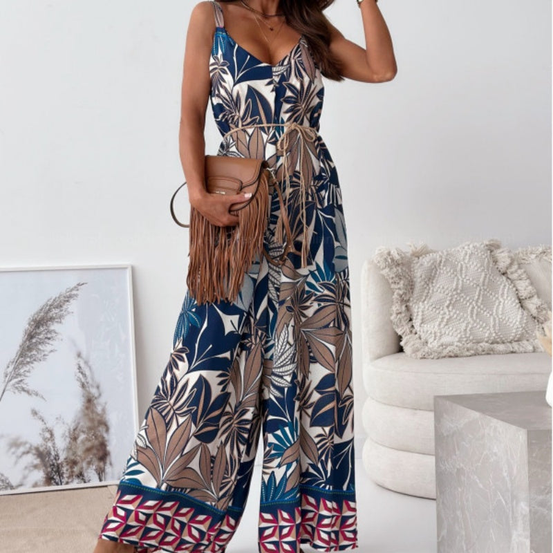 👗Women's Trendy Print Backless Jumpsuit with Tassel Belt - Chic & Stylish✨