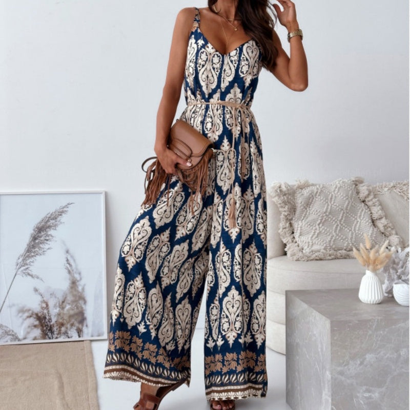 👗Women's Trendy Print Backless Jumpsuit with Tassel Belt - Chic & Stylish✨