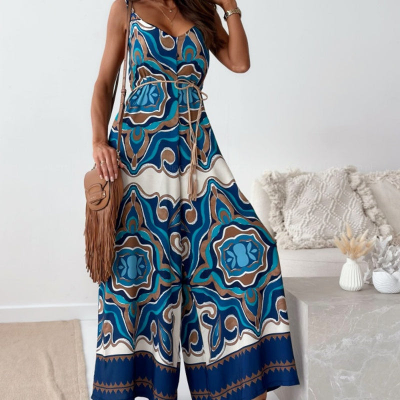 👗Women's Trendy Print Backless Jumpsuit with Tassel Belt - Chic & Stylish✨
