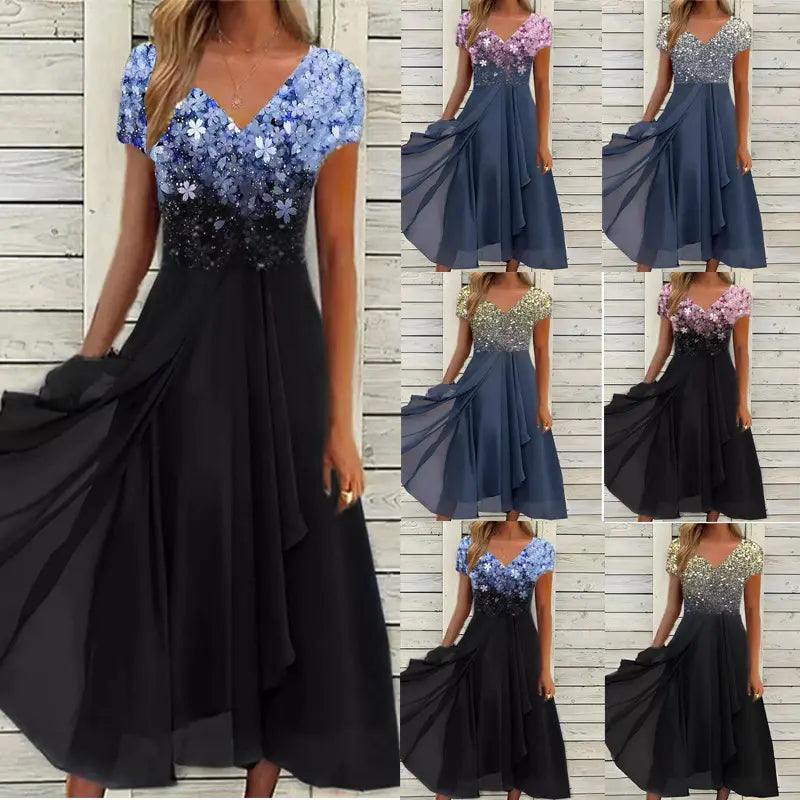 🌞Summer Essentials👗 Women's Summer V-Neck Printed Patchwork Dress