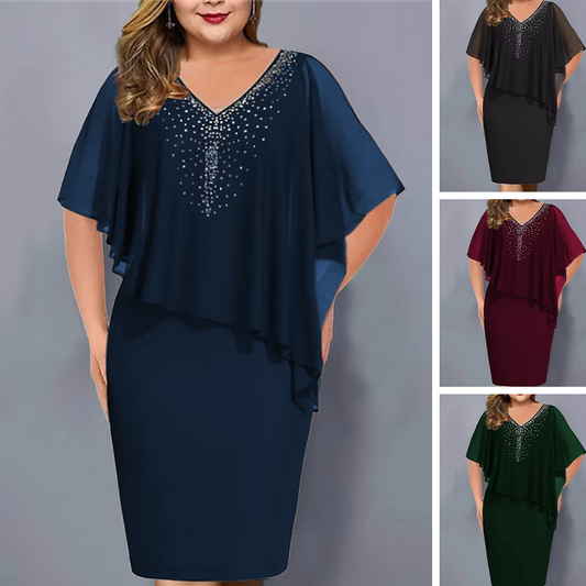 🎉50% OFF👗Rhinestone V-Neck Cape Dress with Chiffon Overlay