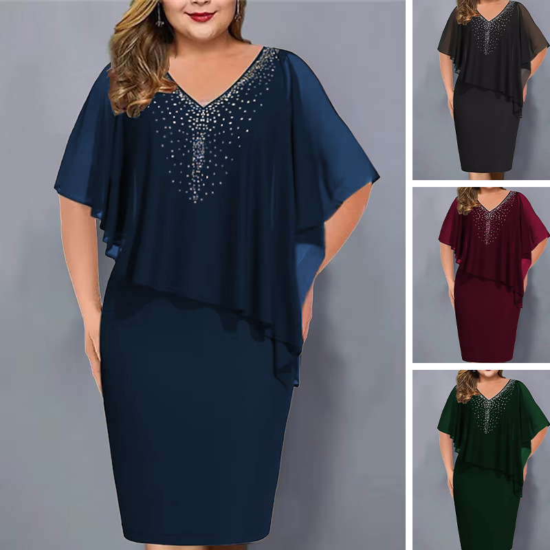 🌸2025 Summer Specials💐Rhinestone V-Neck Cape Dress with Chiffon Overlay