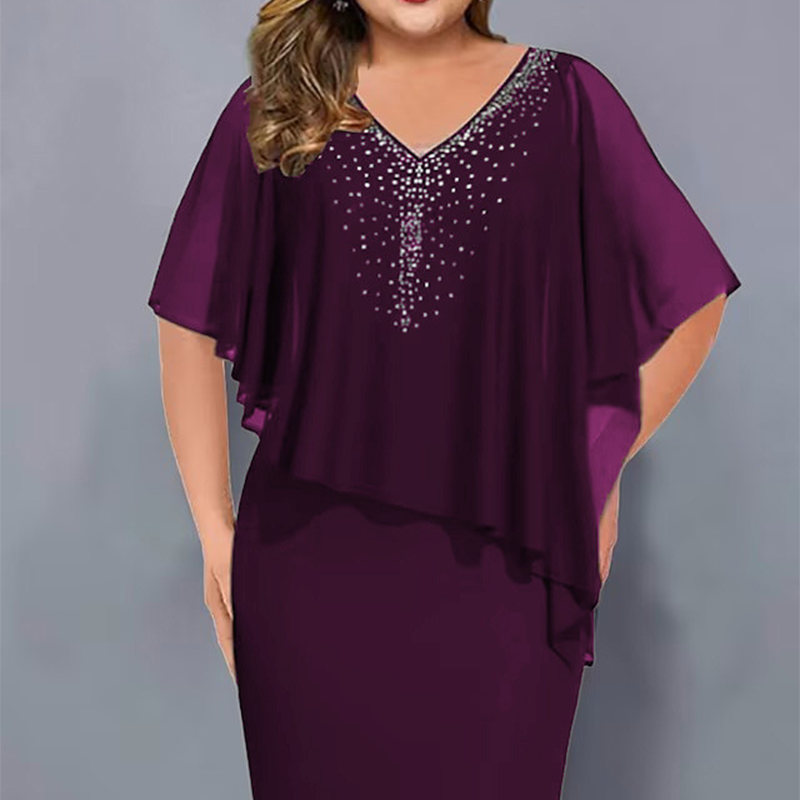 🌸2025 Summer Specials💐Rhinestone V-Neck Cape Dress with Chiffon Overlay