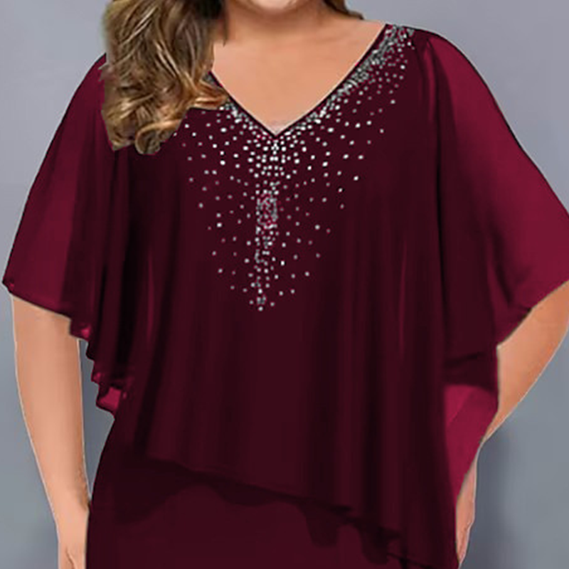 🌸2025 Summer Specials💐Rhinestone V-Neck Cape Dress with Chiffon Overlay