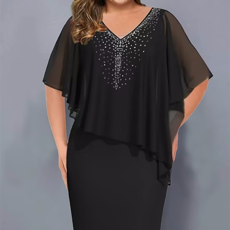 🌸2025 Summer Specials💐Rhinestone V-Neck Cape Dress with Chiffon Overlay